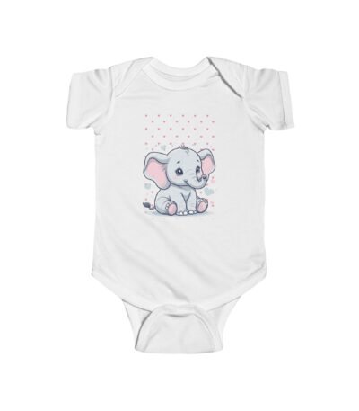 A white Cute Baby Elephant Infant Bodysuit featuring a hand-drawn baby elephant illustration in soft pastel tones.