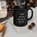 A sleek Custom Black Coffee Mug with a glossy finish featuring a placeholder for personalized designs, set in a cozy home environment.