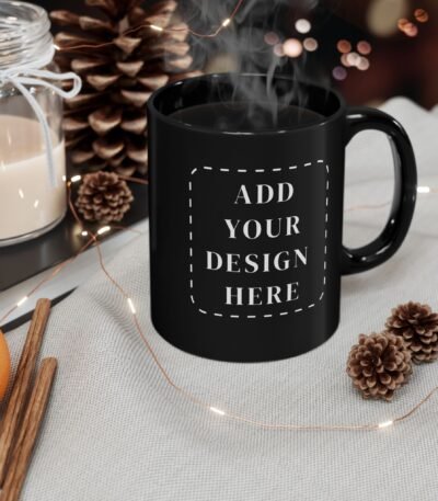 A sleek Custom Black Coffee Mug with a glossy finish featuring a placeholder for personalized designs, set in a cozy home environment.