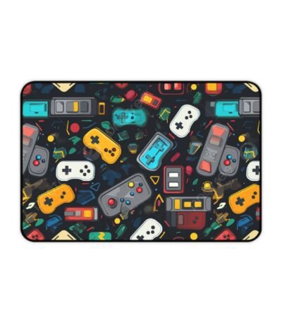 A vibrant Abstract Rainbow Splash Desk Mat featuring high-definition multi-colored paint splatters against a deep black background.