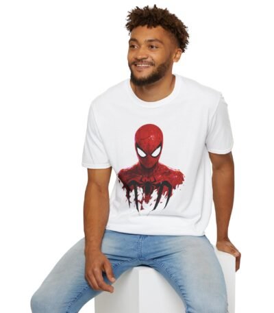 A white Spider-Man Inspired Graphic T-Shirt featuring a bold red Spider-Man portrait with a dynamic black paint-splatter effect.