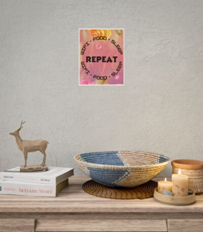 A Floral Typography Poster featuring the words WiFi Food Sleep Repeat in a circular design over soft watercolor roses, displayed on a modern home office wall.