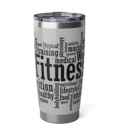 A high-quality Fitness Inspired 20oz Stainless Steel Travel Tumbler featuring a vibrant white and grey workout word cloud design.