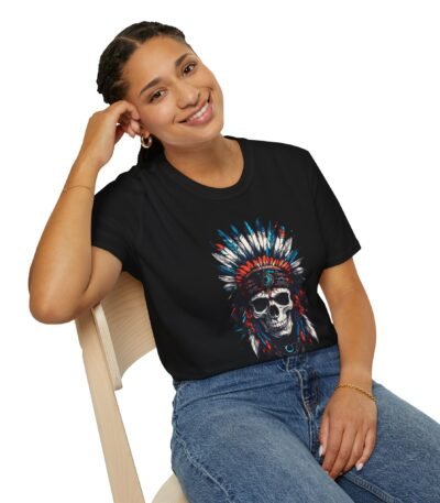 A black Skull Graphic T-Shirt featuring a detailed skull wearing a colorful Native American-inspired feathered headdress.