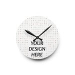 A modern round Custom Acrylic Wall Clock with a white face featuring a minimalist geometric pattern and the text "YOUR DESIGN HERE."