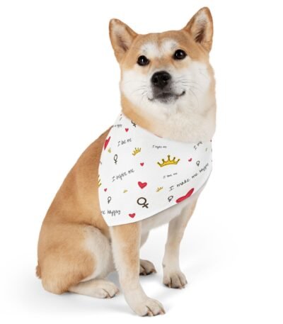 A Valentine’s Day Pet Bandana Collar featuring a playful heart and crown doodle print with an adjustable black buckle strap.
