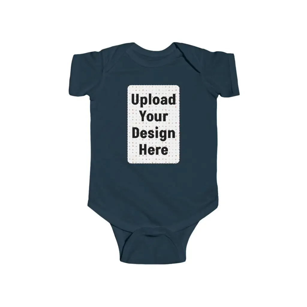 A premium navy blue Custom Baby Onesie mockup featuring a white rectangular placeholder on the chest with the text "Upload Your Design Here."