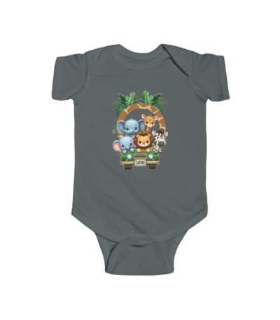 A gray Safari Animals Infant Bodysuit featuring a cute jungle cartoon of animals in a green jeep.