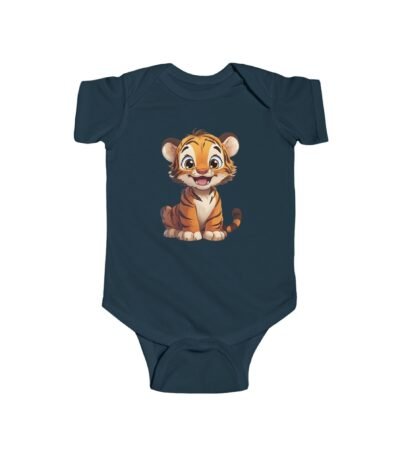 A navy-blue Cute Baby Tiger Bodysuit featuring a high-quality cartoon tiger print on the center