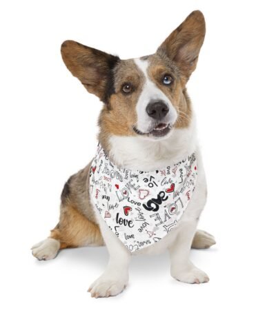 A high-quality Valentine’s Day Dog Bandana Collar featuring a white base with black "Love" typography and red hearts worn by a Corgi.