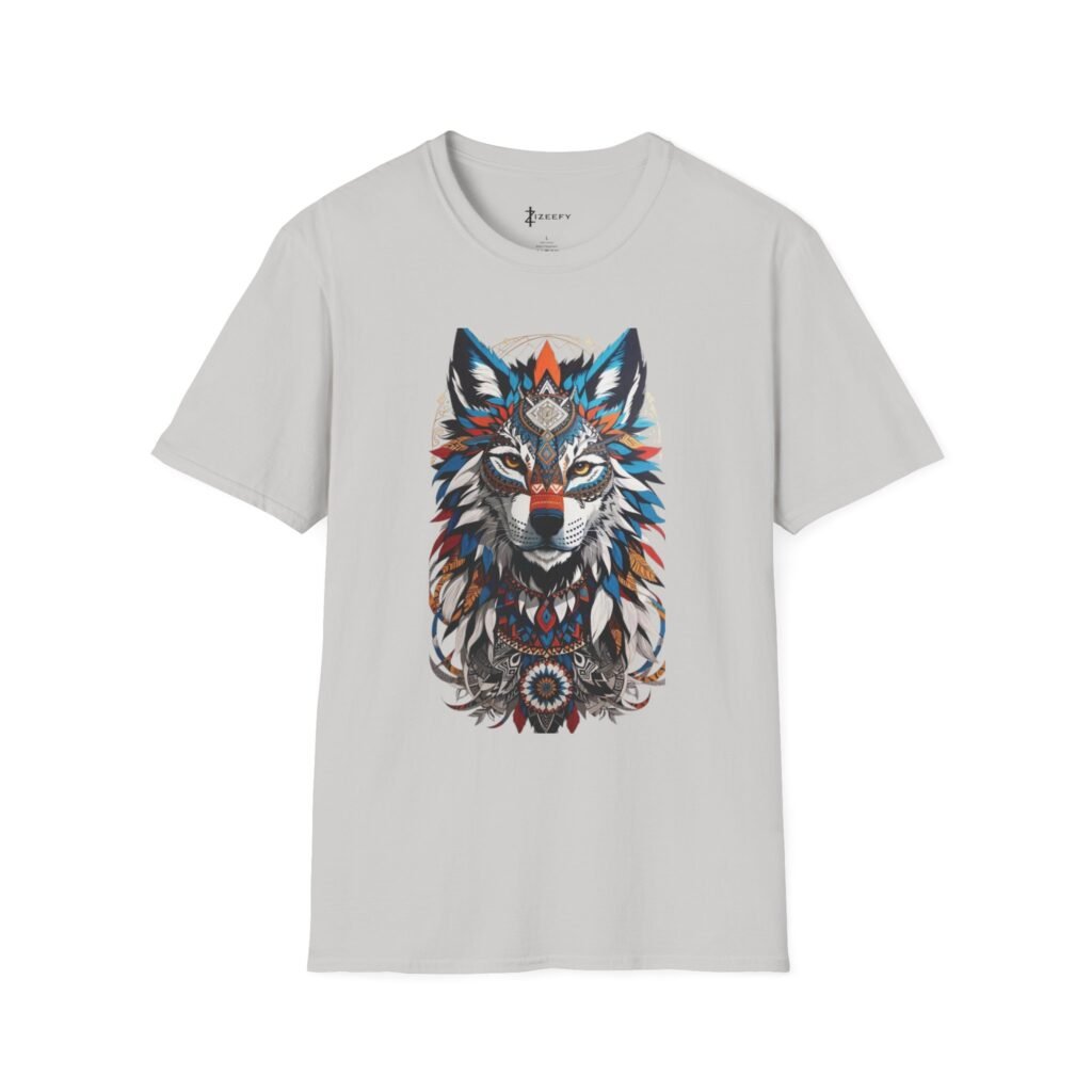 A grey Wolf Mandala T-Shirt featuring a symmetrical, colorful geometric wolf head design in a spiritual boho-chic style.