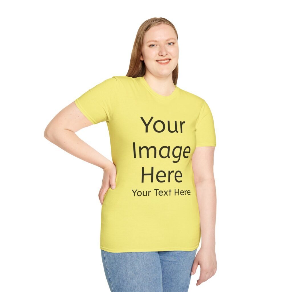 Woman wearing a bright yellow Custom Photo T-Shirt mockup, highlighting personalized printing area for unique designs.