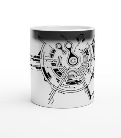 A black glossy Color Changing Coffee Mug magically revealing a white and blue electronic circuit design when filled with a hot beverage.