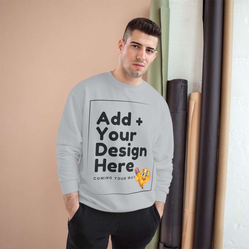 A high-quality white Champion Crewneck Sweatshirt featuring the iconic "C" logo on the left sleeve, ready for custom printing.