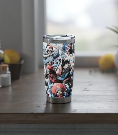 A high-quality Anime Crew 20oz Stainless Steel Travel Tumbler featuring a vibrant, full-wrap One Piece manga-inspired design on a wooden table.