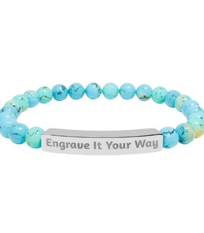 A premium Personalized Stone Bead Bracelet featuring blue and green marbled natural stone beads and a silver stainless steel bar engraved with "Engrave It Your Way."