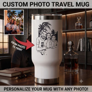 Family Portrait Travel Mug — Custom Illustrated Family with Palm Trees, 14oz Stainless Steel