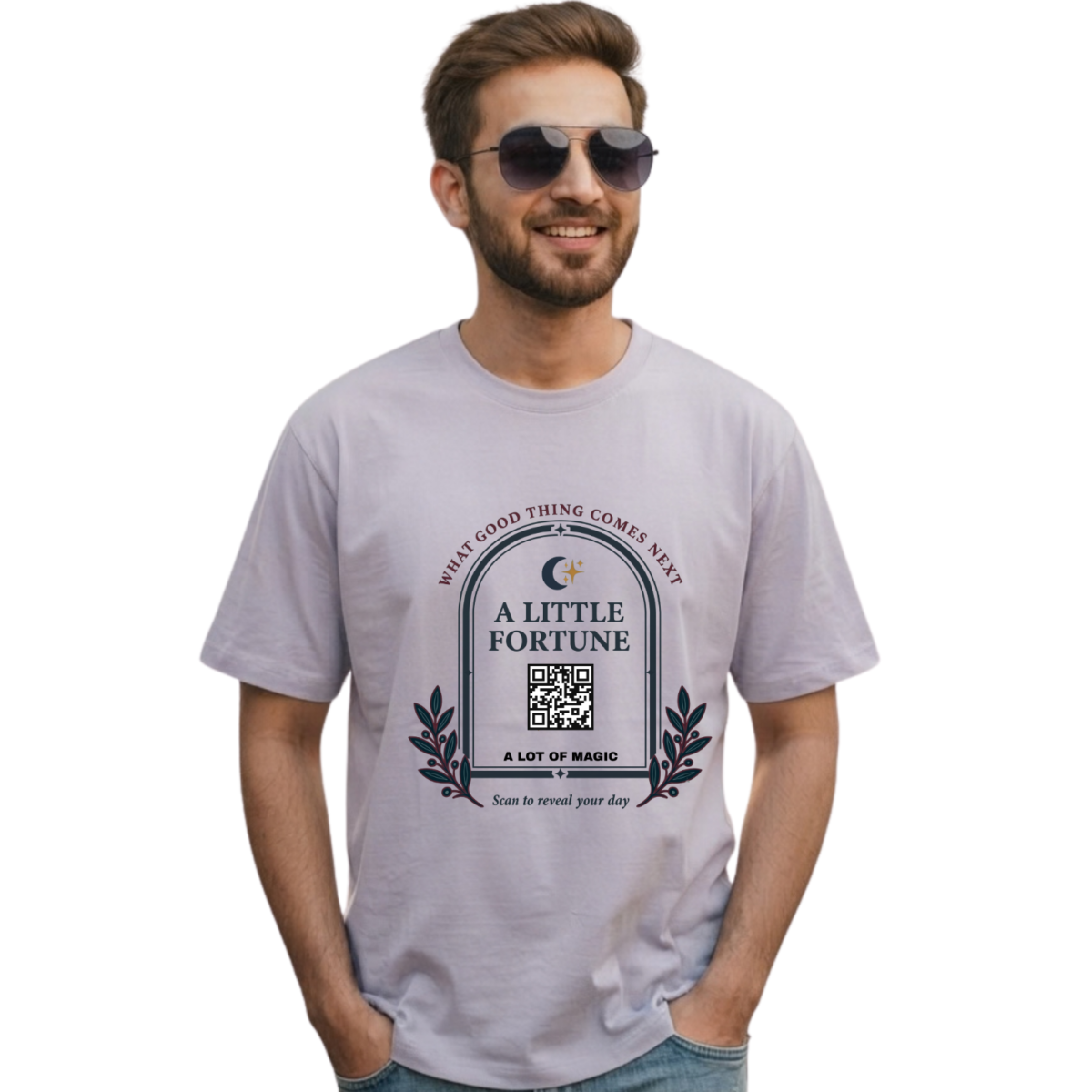 A person wearing the white Interactive Fortune QR Code T-Shirt featuring a stylized QR fortune design on the chest.