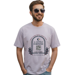 A person wearing the white Interactive Fortune QR Code T-Shirt featuring a stylized QR fortune design on the chest.