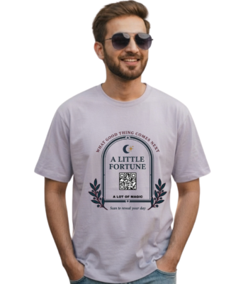 A person wearing the white Interactive Fortune QR Code T-Shirt featuring a stylized QR fortune design on the chest.