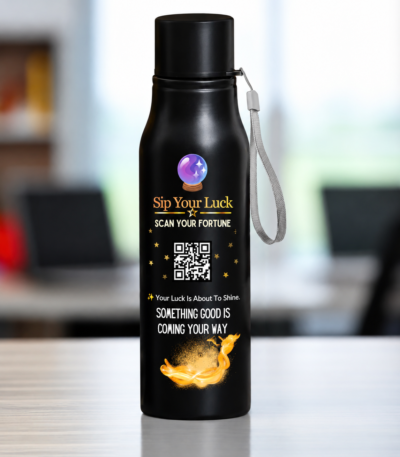 Laser-engraved Fortune QR Code Stainless Steel Water Bottle standing upright against a clean backdrop.