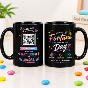 Glossy black Daily Fortune QR Mug pair mockup with interactive scan code and inspirational quotes for meaningful gifting.