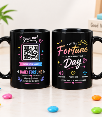 Glossy black Daily Fortune QR Mug pair mockup with interactive scan code and inspirational quotes for meaningful gifting.