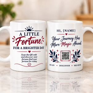 Interactive Fortune Coffee Mug with custom QR code design and glossy white ceramic finish
