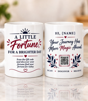 Interactive Fortune Coffee Mug with custom QR code design and glossy white ceramic finish