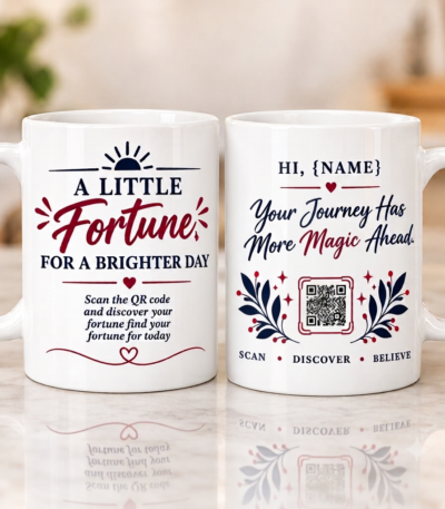 Interactive Fortune Coffee Mug with custom QR code design and glossy white ceramic finish