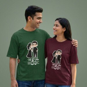 Model wearing a sage green Personalized Wedding Couple Unisex Terry Oversized Tee featuring a custom bride and groom graphic illustration | Dark