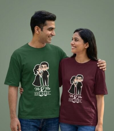 Model wearing a sage green Personalized Wedding Couple Unisex Terry Oversized Tee featuring a custom bride and groom graphic illustration | Dark