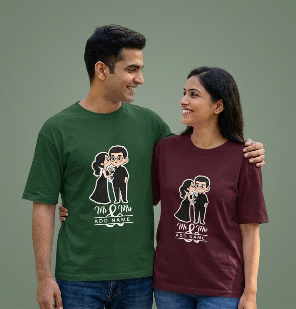 Model wearing a sage green Personalized Wedding Couple Unisex Terry Oversized Tee featuring a custom bride and groom graphic illustration | Dark