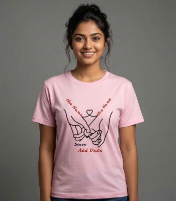 Couple wearing a custom couple t-shirt from IZEEFY featuring matching minimalist line art during an outdoor anniversary celebration.