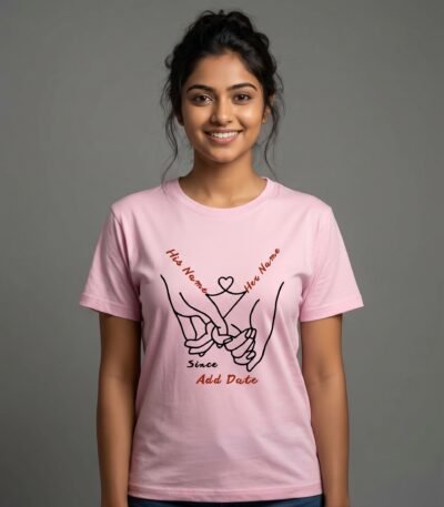 Couple wearing a custom couple t-shirt from IZEEFY featuring matching minimalist line art during an outdoor anniversary celebration.