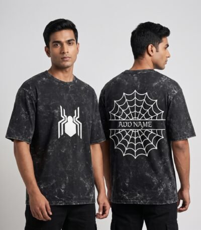 A stylish model wearing the IZEEFY spider crest inspired personalized oversized acid washed graphic tee featuring a unique vintage finish and streetwear fit.