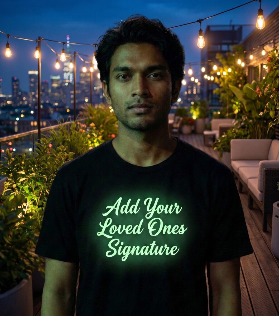 Glow in the Dark Signature T-Shirt personalized with a loved one's signature on a unisex oversized 260 GSM terry tee
