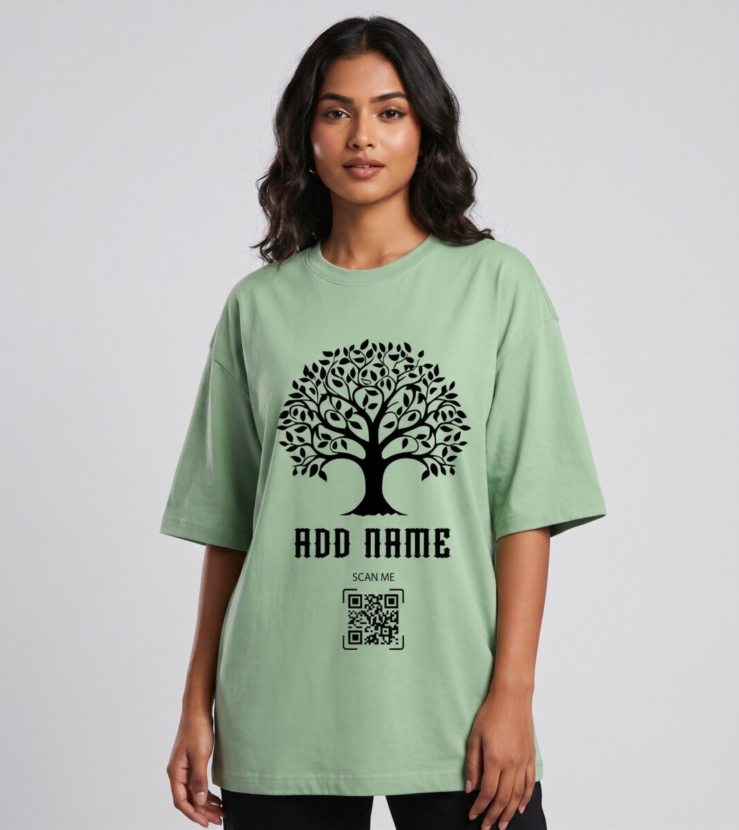 Yggdrasil Tree Personalized Oversized Tee featuring a cosmic tree design, custom name, and personalized QR code