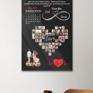 Personalized Couple Anniversary Acrylic Poster mounted on a living room wall showcasing custom names and vibrant UV-printed couple portrait.