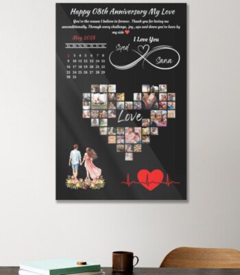 Personalized Couple Anniversary Acrylic Poster mounted on a living room wall showcasing custom names and vibrant UV-printed couple portrait.