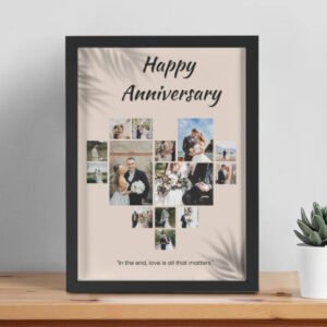 Personalized Happy Anniversary Heart Photo Collage custom framed poster displaying romantic couple photos in a heart layout