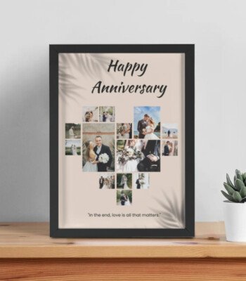 Personalized Happy Anniversary Heart Photo Collage custom framed poster displaying romantic couple photos in a heart layout